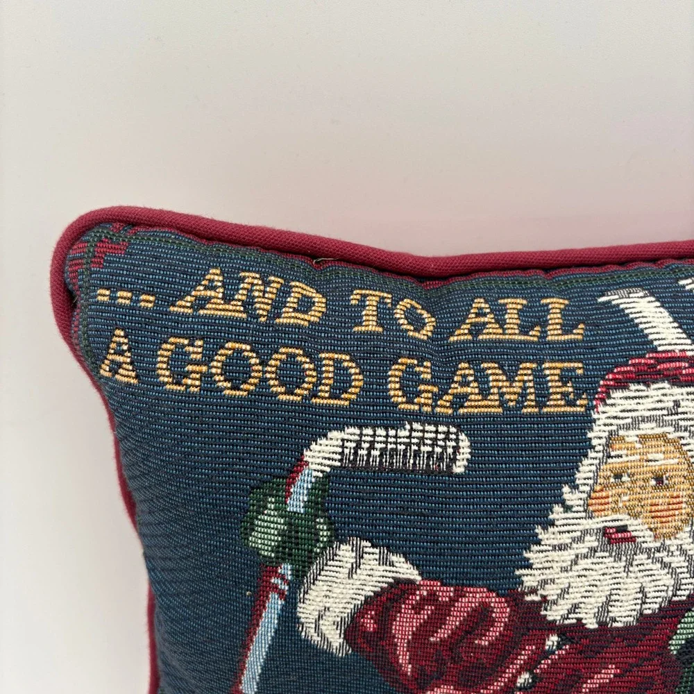 Vintage‎ Woven Tapestry Sports Santa Christmas Decorative Pillow Blue Burgundy